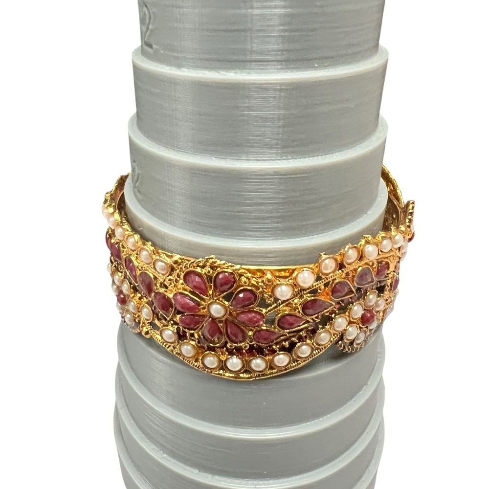 Vintage Ornate Cuff Elegant Gold and Red Floral Bracelet